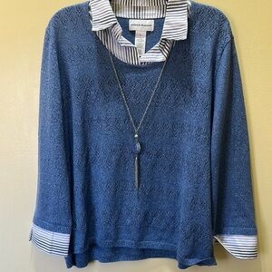 Alfred Dunner Textured Blue Top with Necklace